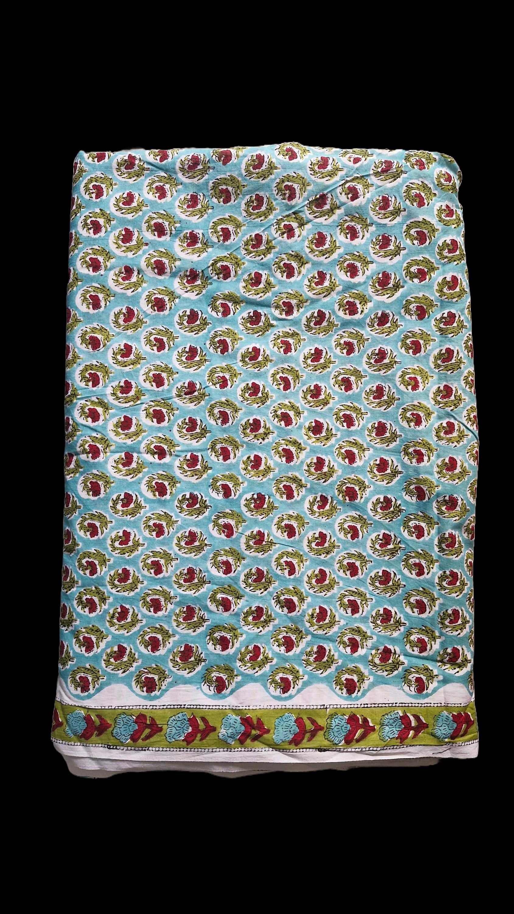 Aqua Blue Bagru Handblock Printed Cotton Fabric – Red Floral Jaal Pattern