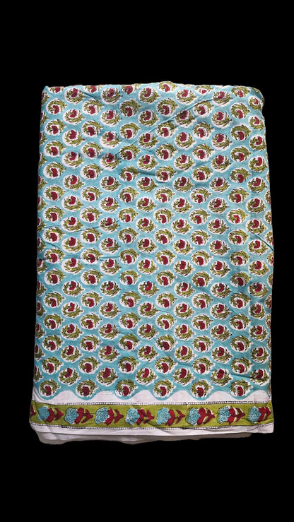 Aqua Blue Sanganeri Handblock Printed Cotton Fabric – Red Floral Jaal Pattern