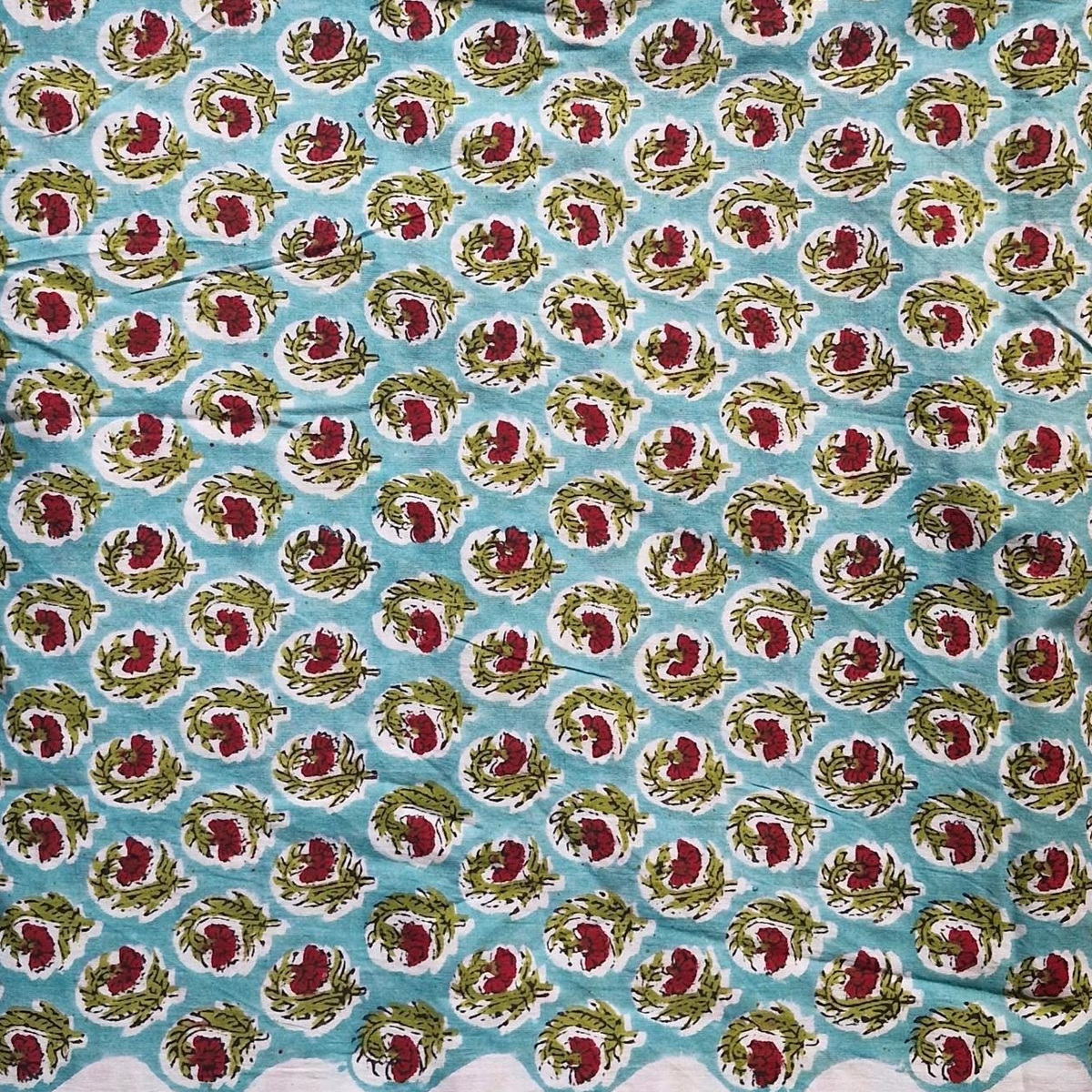 Aqua Blue Sanganeri Handblock Printed Cotton Fabric – Red Floral Jaal Pattern