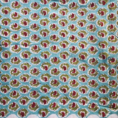 Aqua Blue Sanganeri Handblock Printed Cotton Fabric – Red Floral Jaal Pattern