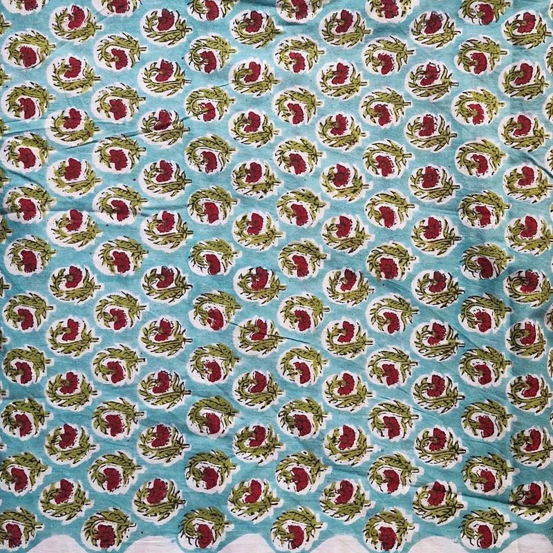 Aqua Blue Sanganeri Handblock Printed Cotton Fabric – Red Floral Jaal Pattern