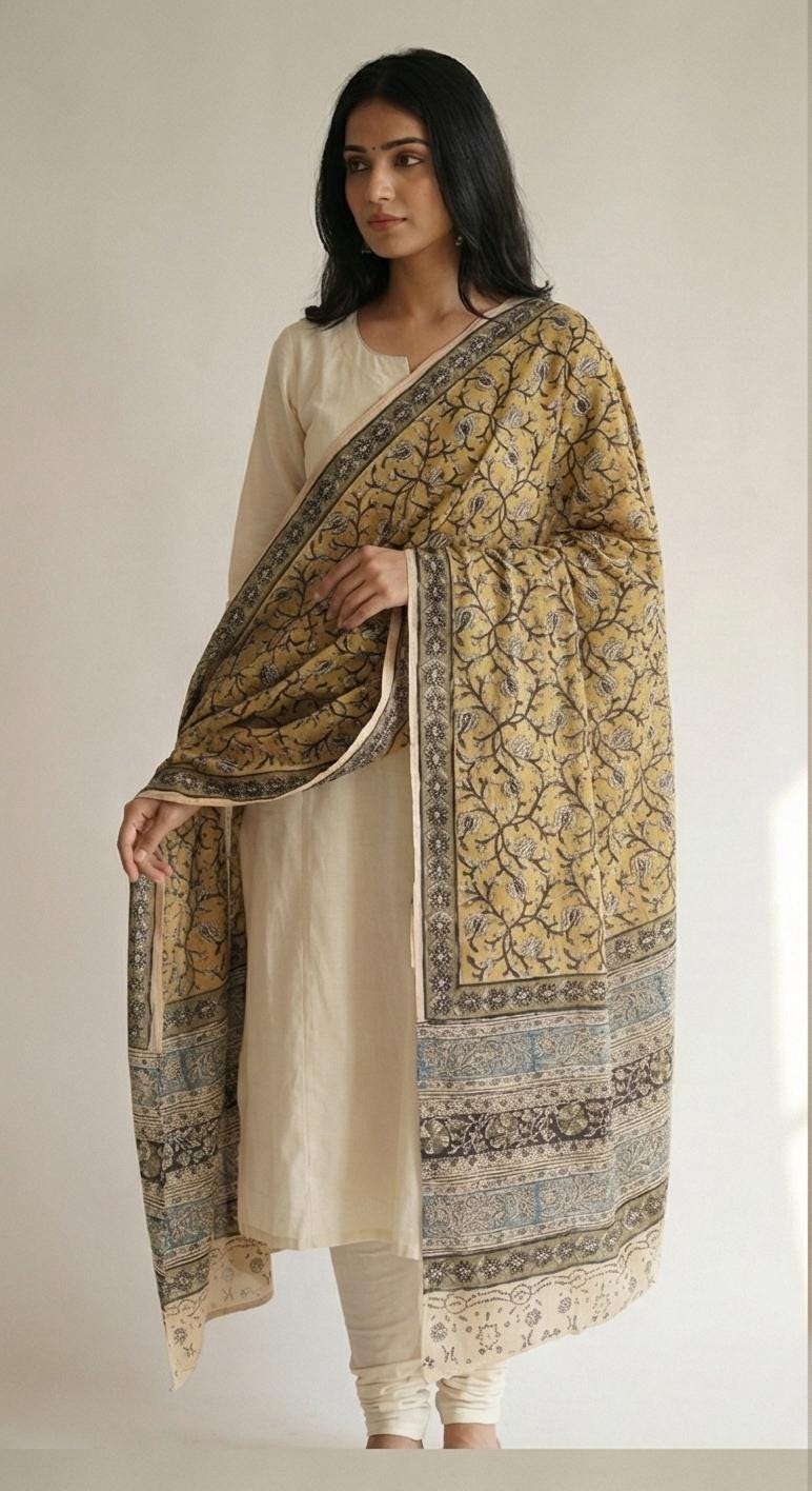 Mustard Yellow & Indigo Hand Block Printed Kalamkari Cotton Dupatta