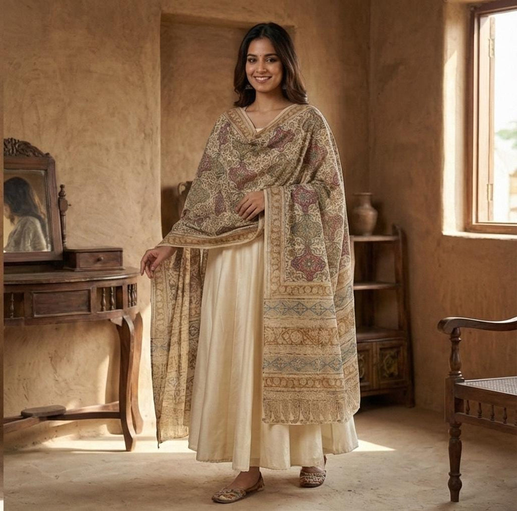 Golden Ochre Floral Vine Kalamkari Hand-Block Printed Cotton Dupatta