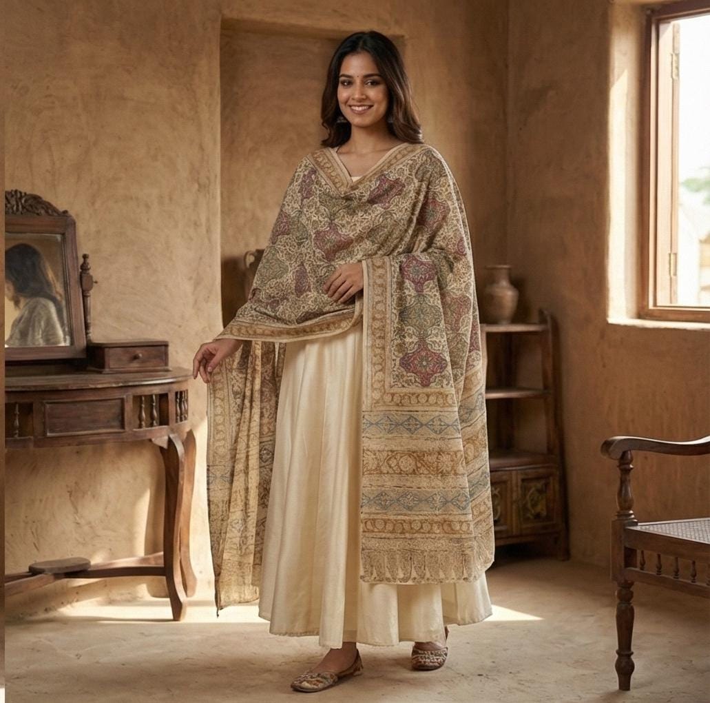 Golden Ochre Floral Vine Kalamkari Hand-Block Printed Cotton Dupatta