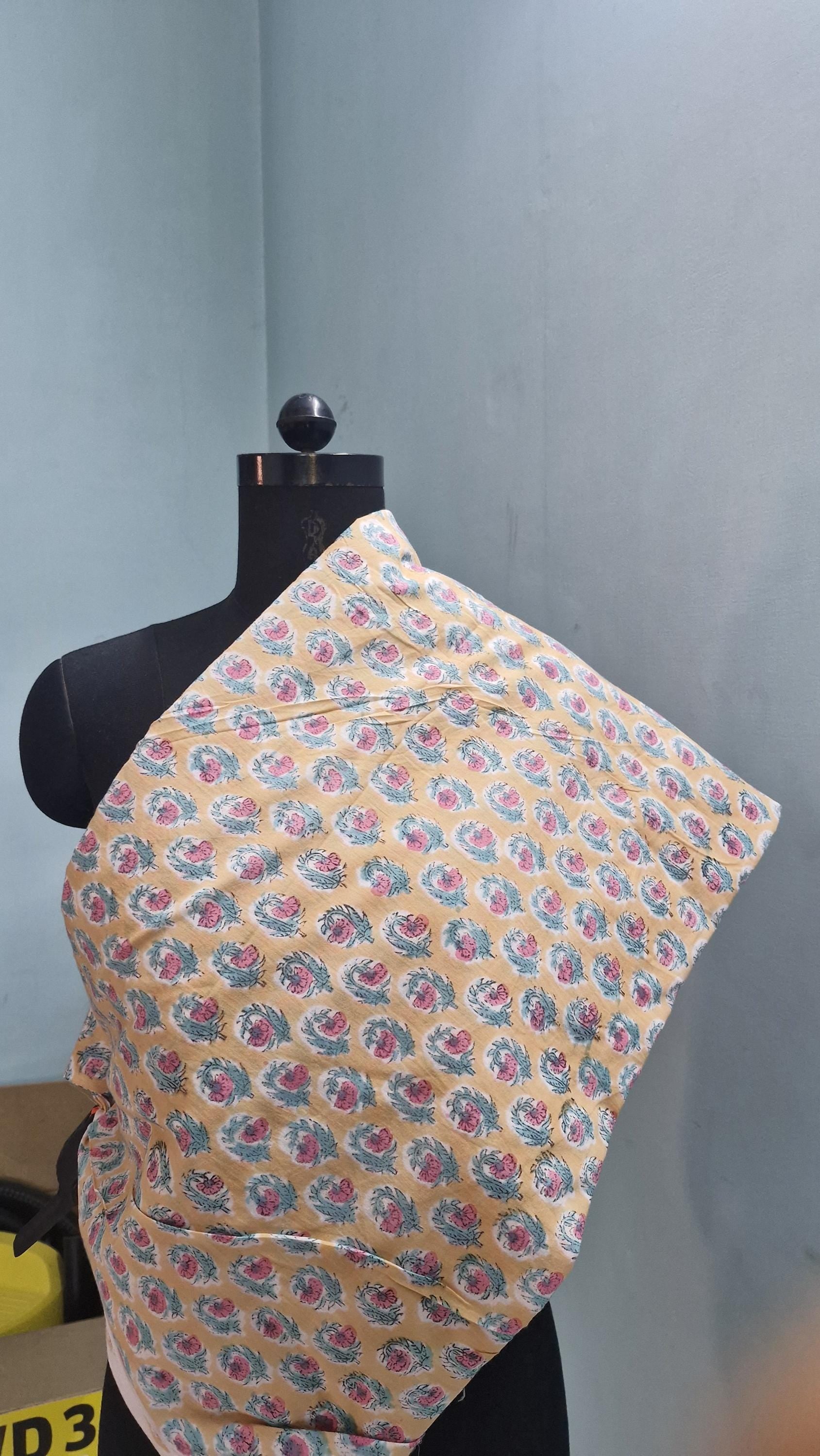 Handblock Floral Print Cotton Fabric – Blue Base with Pink & Green Botanical Motifs