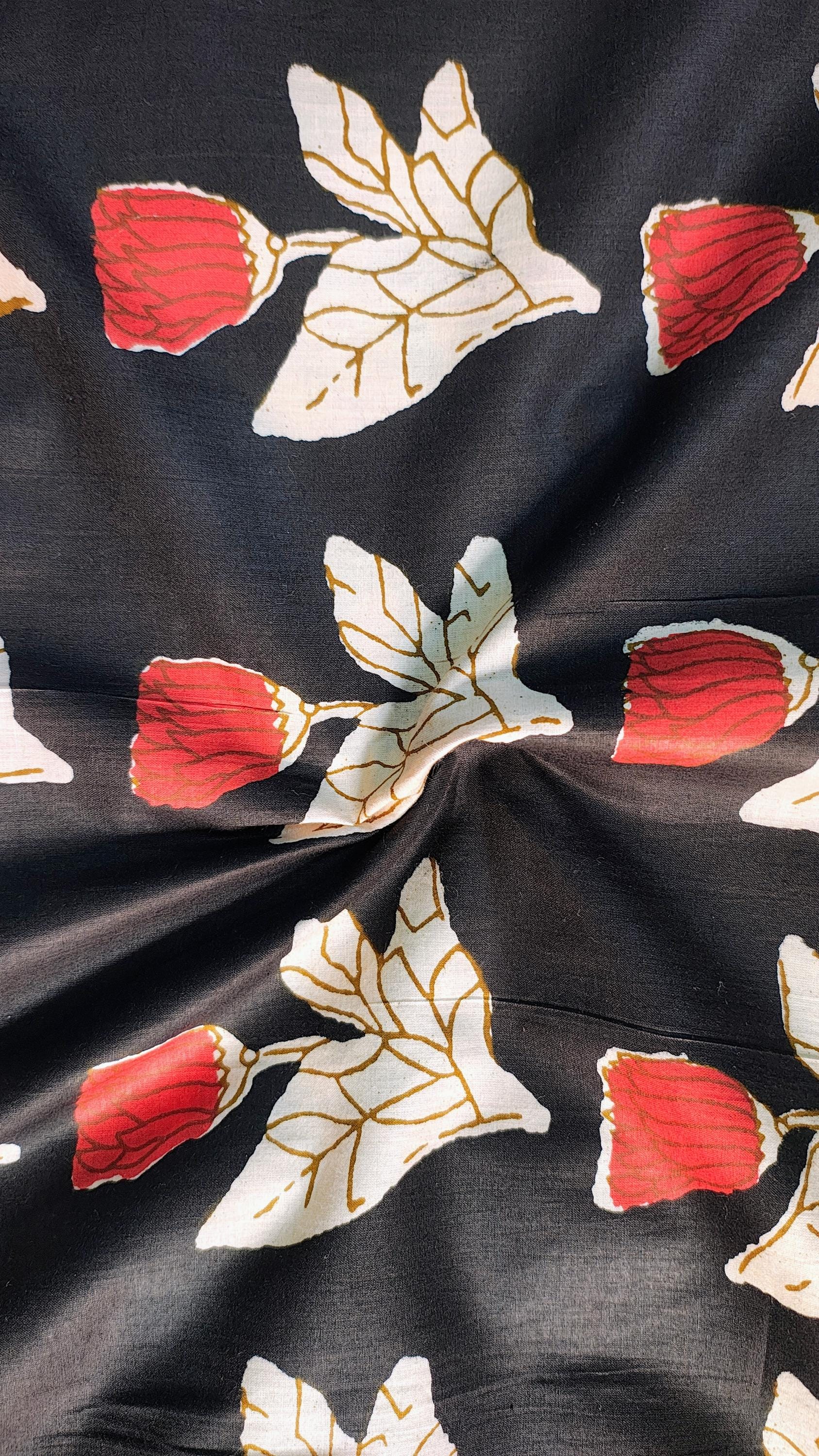 Bagru Midnight Floral Cotton Fabric - Red & Cream Botanical Print