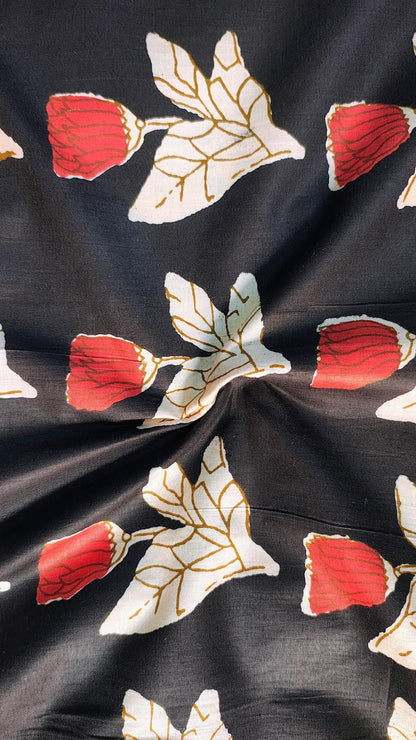Sanganeri Midnight Floral Cotton Fabric - Red & Cream Botanical Print