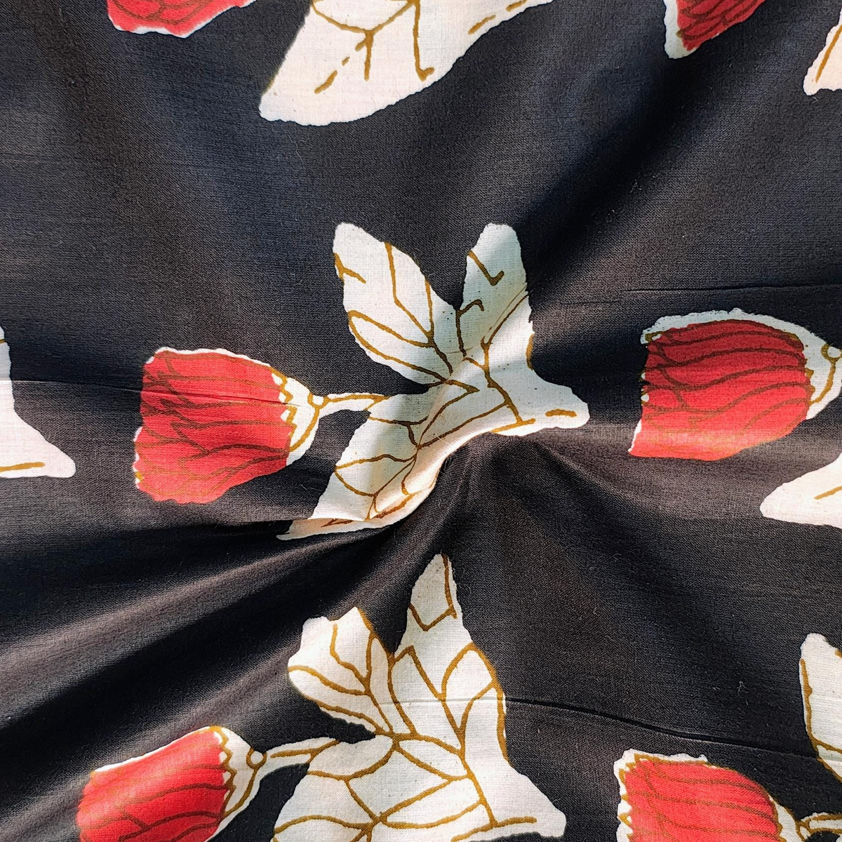 Sanganeri Midnight Floral Cotton Fabric - Red & Cream Botanical Print