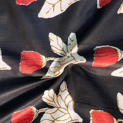 Sanganeri Midnight Floral Cotton Fabric - Red & Cream Botanical Print