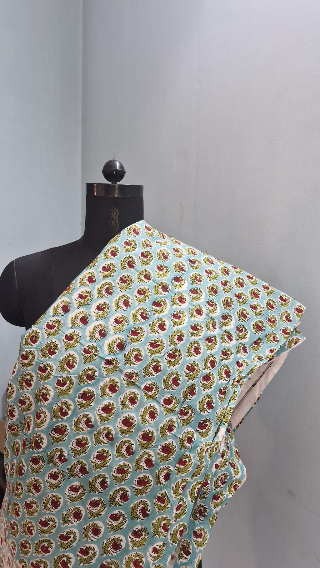 Aqua Blue Bagru Handblock Printed Cotton Fabric – Red Floral Jaal Pattern