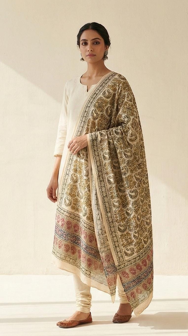 Golden Ochre Floral Vine Kalamkari Hand-Block Printed Cotton Dupatta