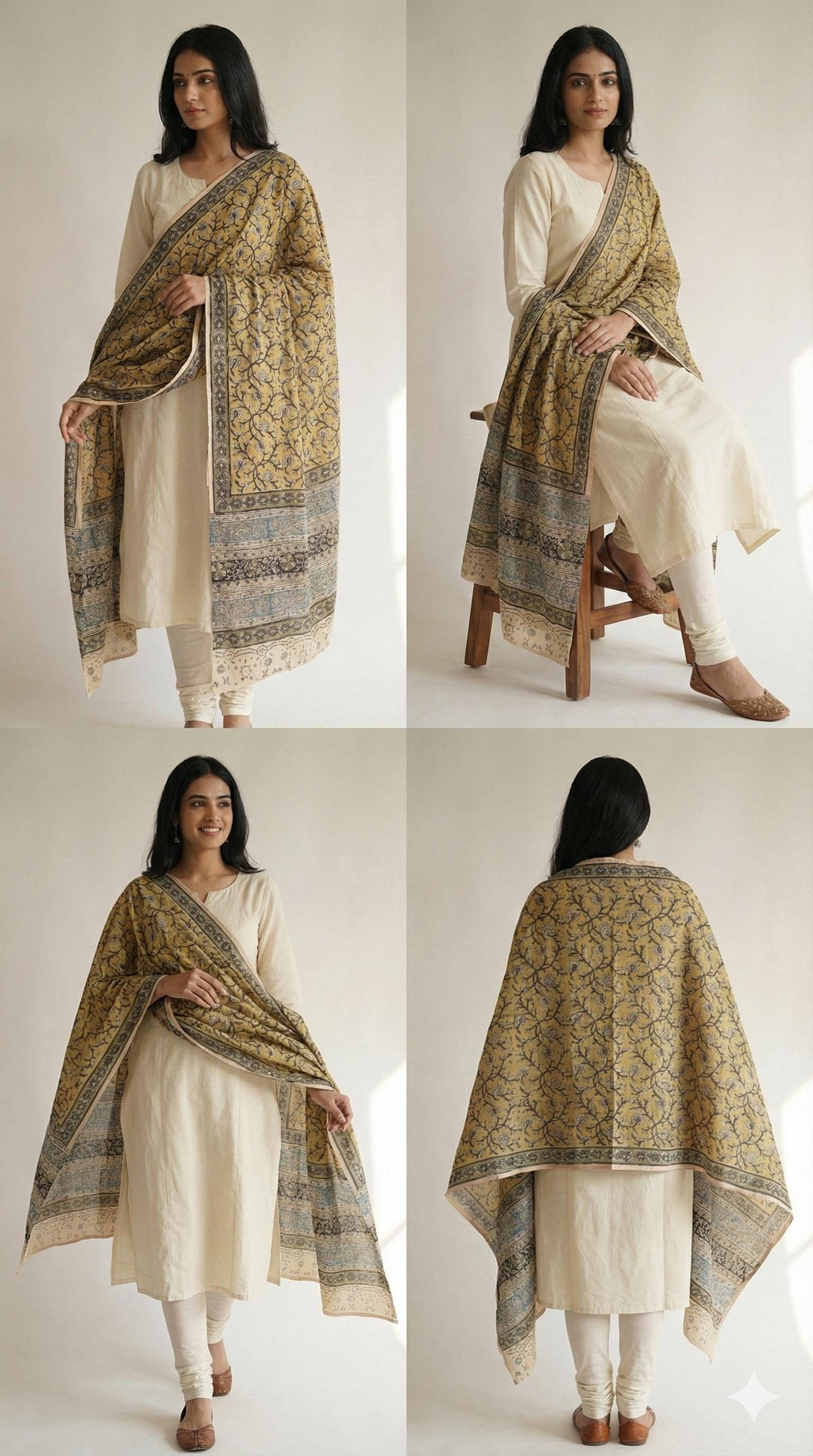 Mustard Yellow & Indigo Hand Block Printed Kalamkari Cotton Dupatta