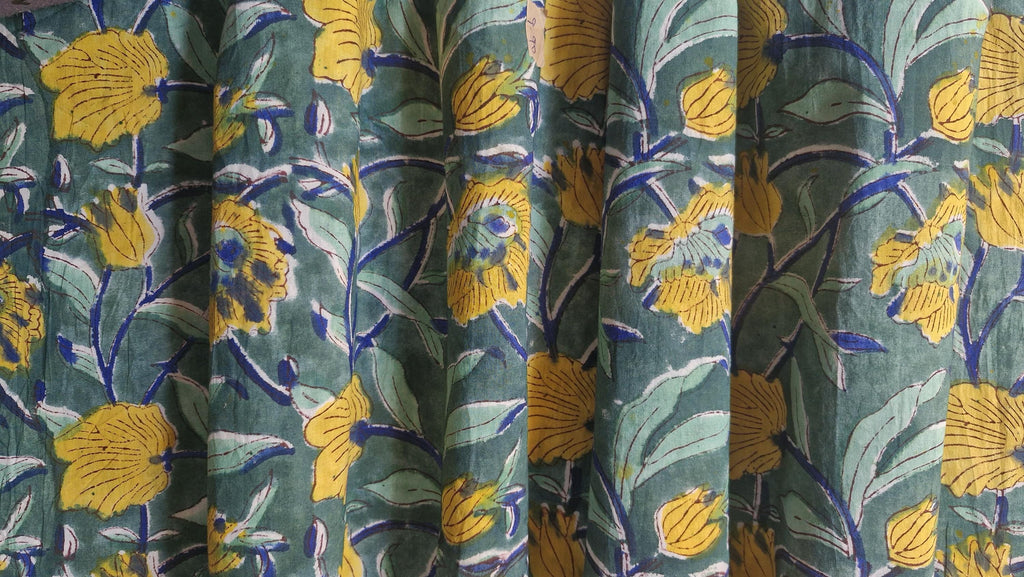 Handmade Bagru Print Textile – Botanical Yellow Floral Cotton Material