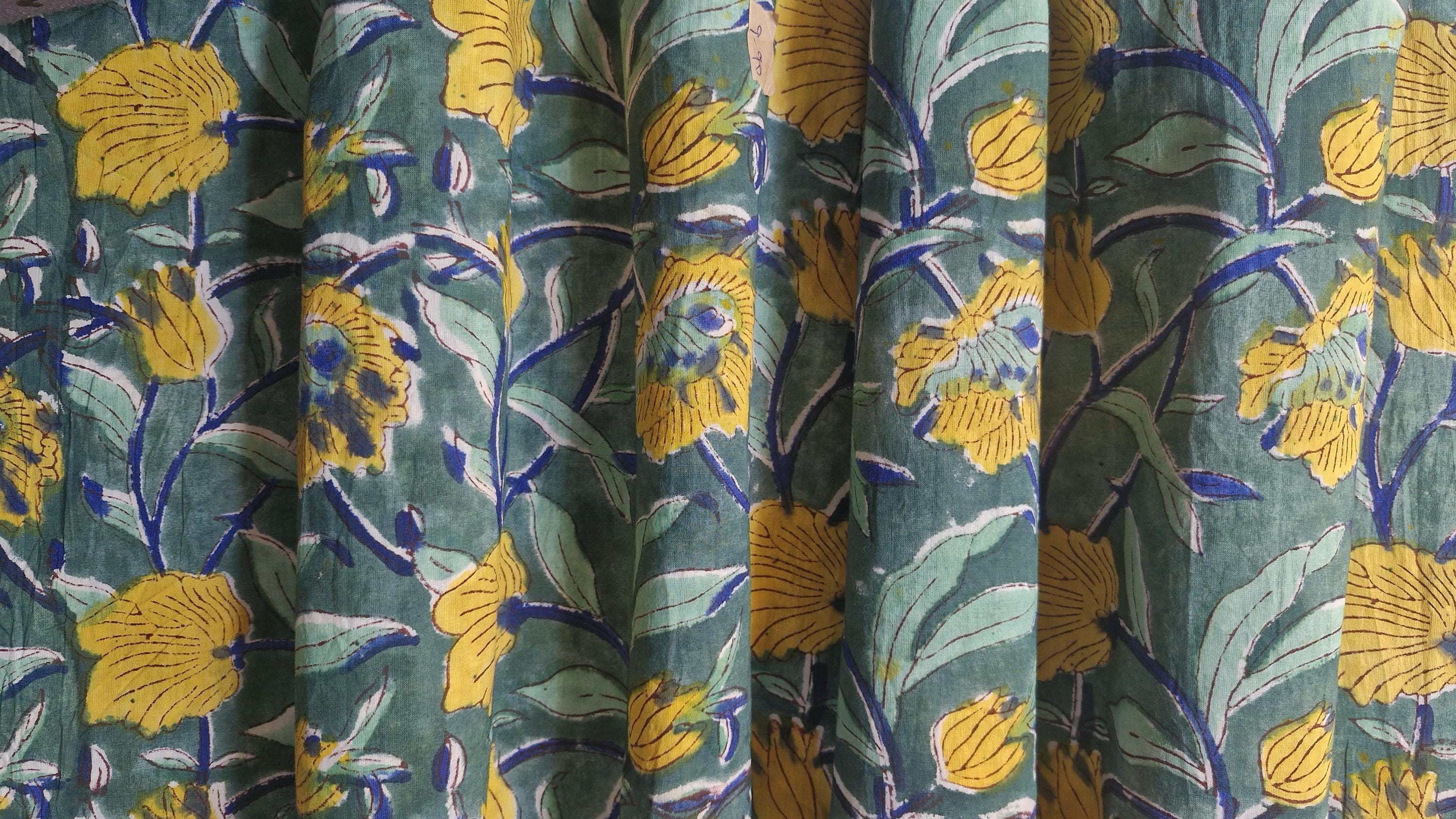 Handmade Bagru Print Textile – Botanical Yellow Floral Cotton Material