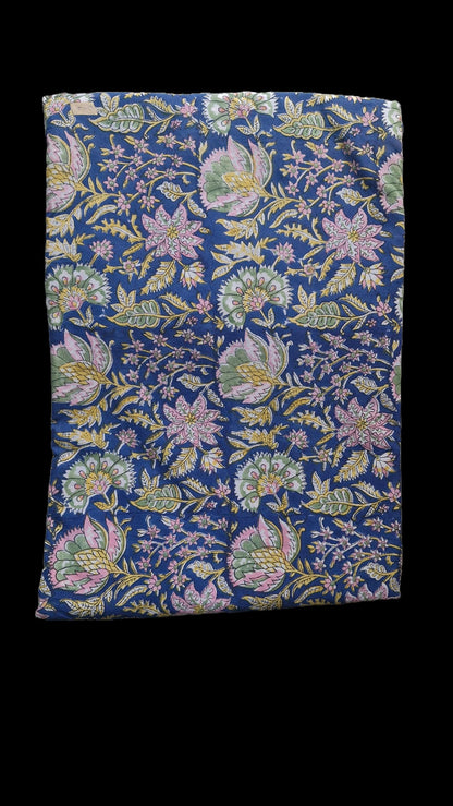 Indigo Blue Sanganeri Handblock Printed Cotton Fabric – Pastel Floral Jaal Design