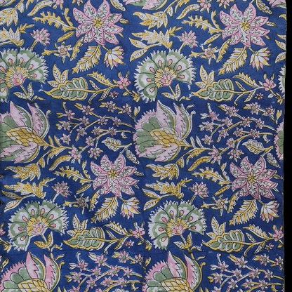 Indigo Blue Sanganeri Handblock Printed Cotton Fabric – Pastel Floral Jaal Design