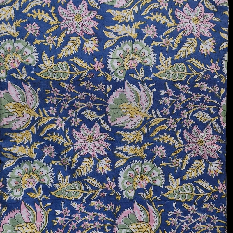 Indigo Blue Sanganeri Handblock Printed Cotton Fabric – Pastel Floral Jaal Design