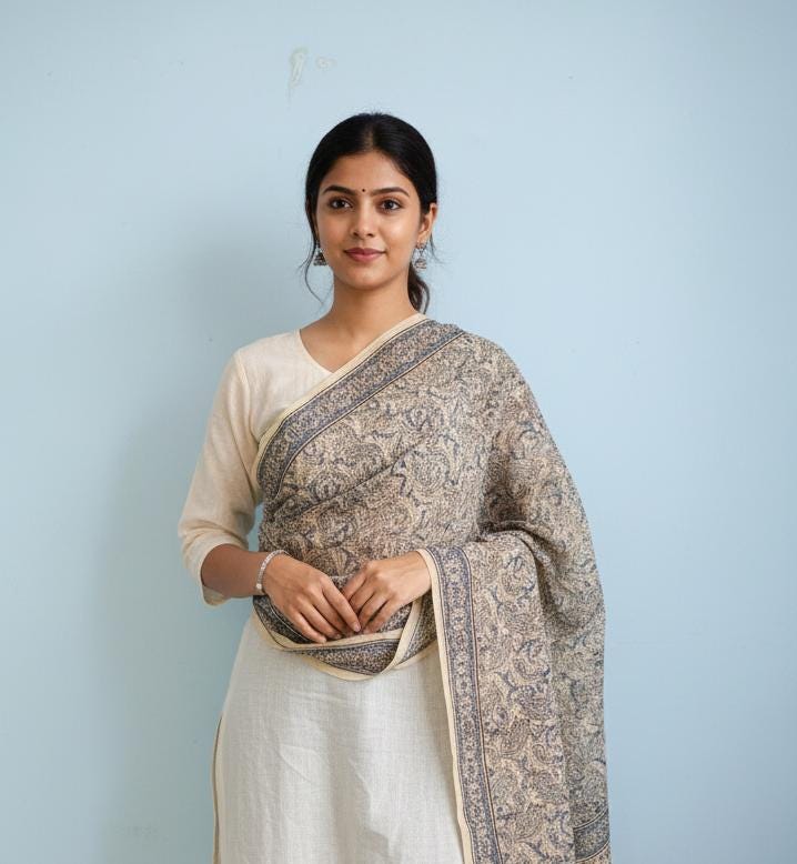 Handcrafted Kalamkari Cotton Stole – Indigo Paisley Tribal Print