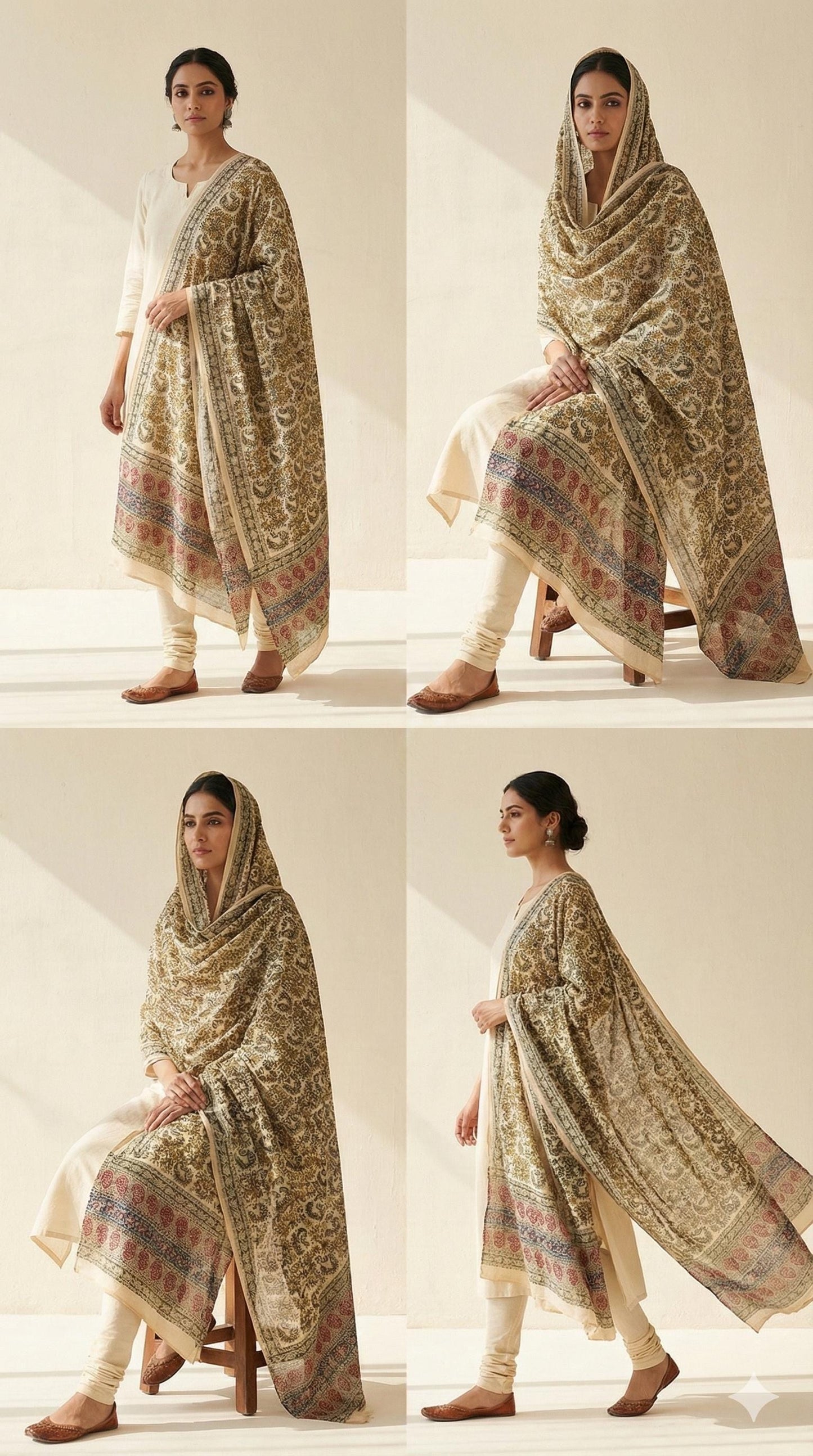 Golden Ochre Floral Vine Kalamkari Hand-Block Printed Cotton Dupatta