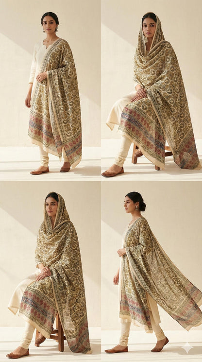 Golden Ochre Floral Vine Kalamkari Hand-Block Printed Cotton Dupatta