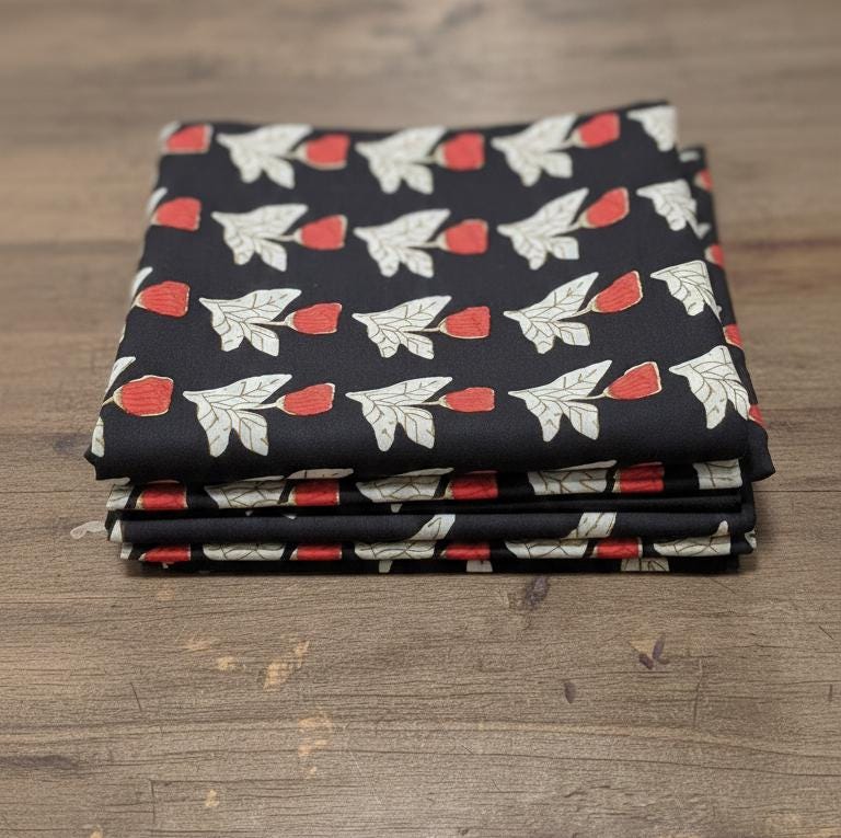 Bagru Midnight Floral Cotton Fabric - Red & Cream Botanical Print