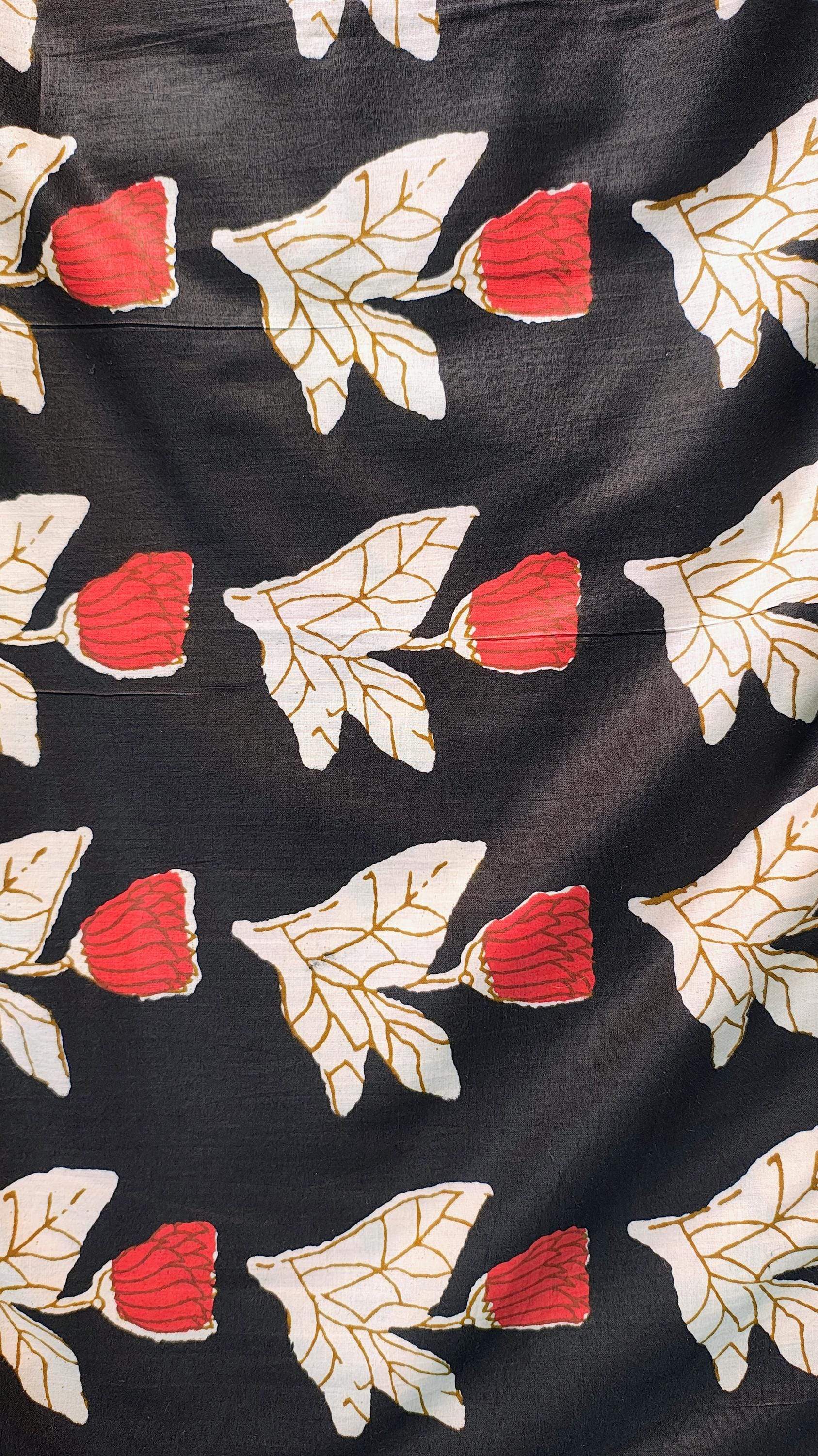 Bagru Midnight Floral Cotton Fabric - Red & Cream Botanical Print