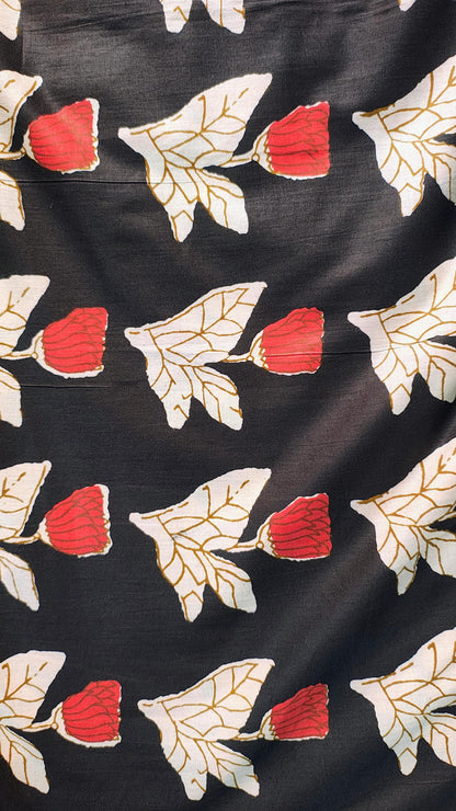 Sanganeri Midnight Floral Cotton Fabric - Red & Cream Botanical Print