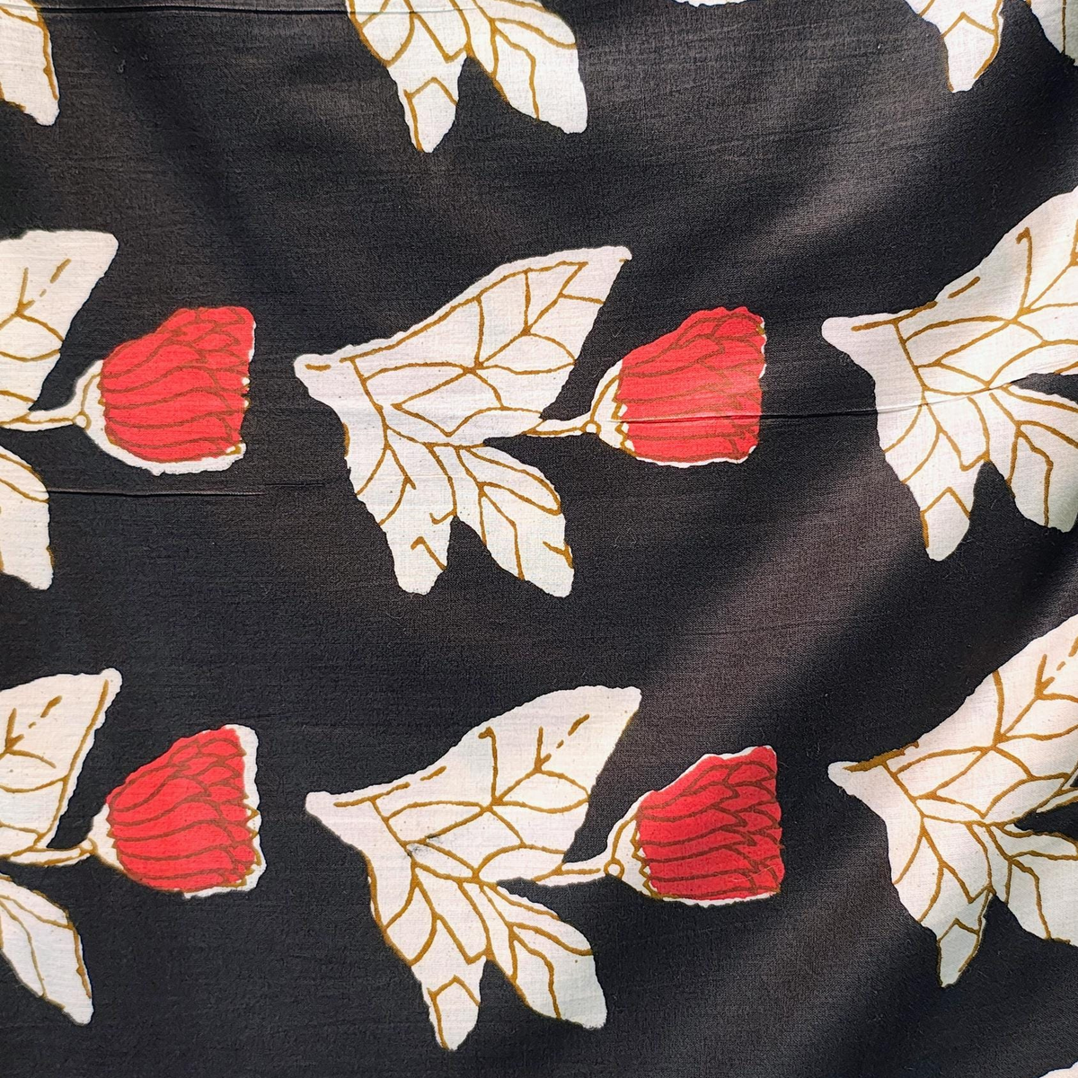 Sanganeri Midnight Floral Cotton Fabric - Red & Cream Botanical Print