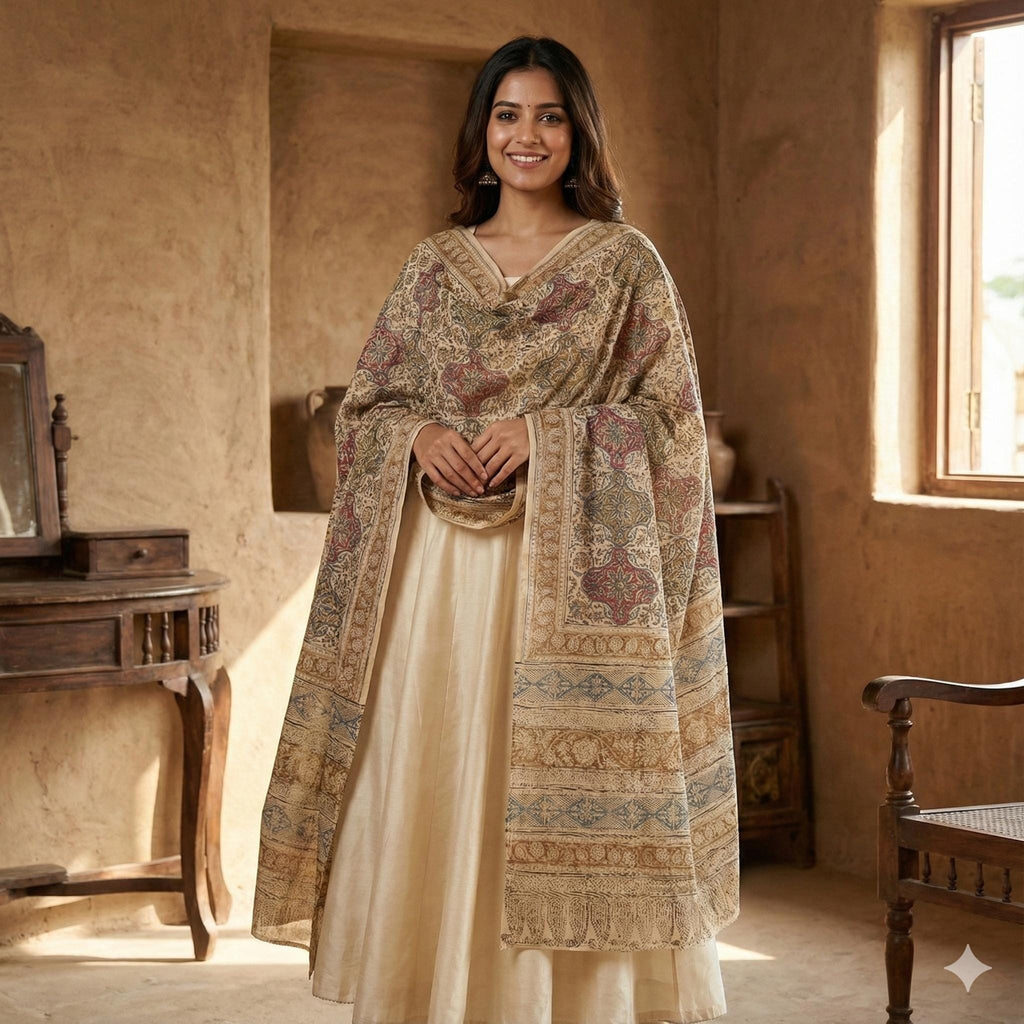 Golden Ochre Floral Vine Kalamkari Hand-Block Printed Cotton Dupatta