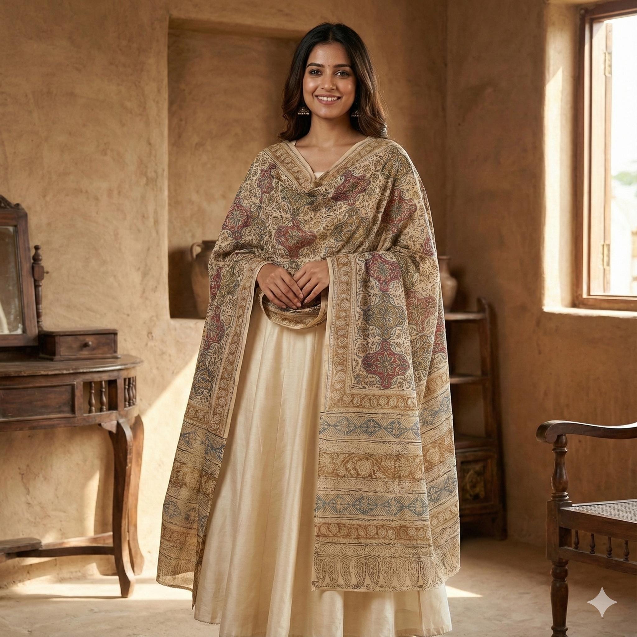 Golden Ochre Floral Vine Kalamkari Hand-Block Printed Cotton Dupatta