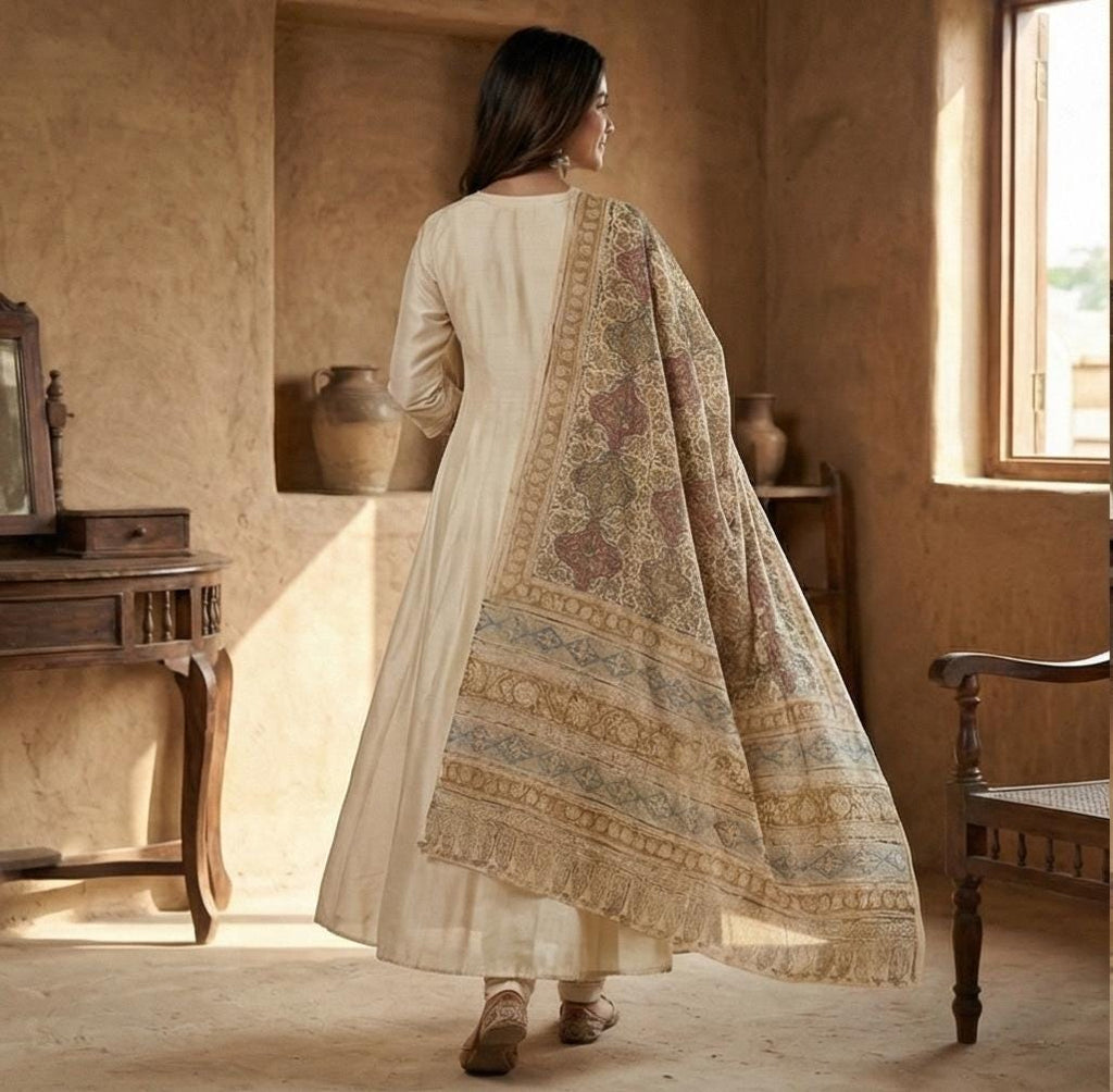 Golden Ochre Floral Vine Kalamkari Hand-Block Printed Cotton Dupatta