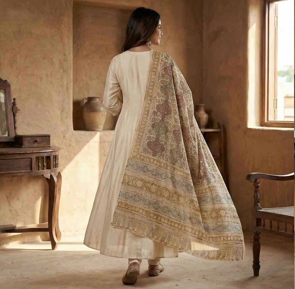 Golden Ochre Floral Vine Kalamkari Hand-Block Printed Cotton Dupatta