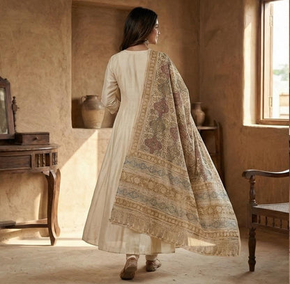 Golden Ochre Floral Vine Kalamkari Hand-Block Printed Cotton Dupatta