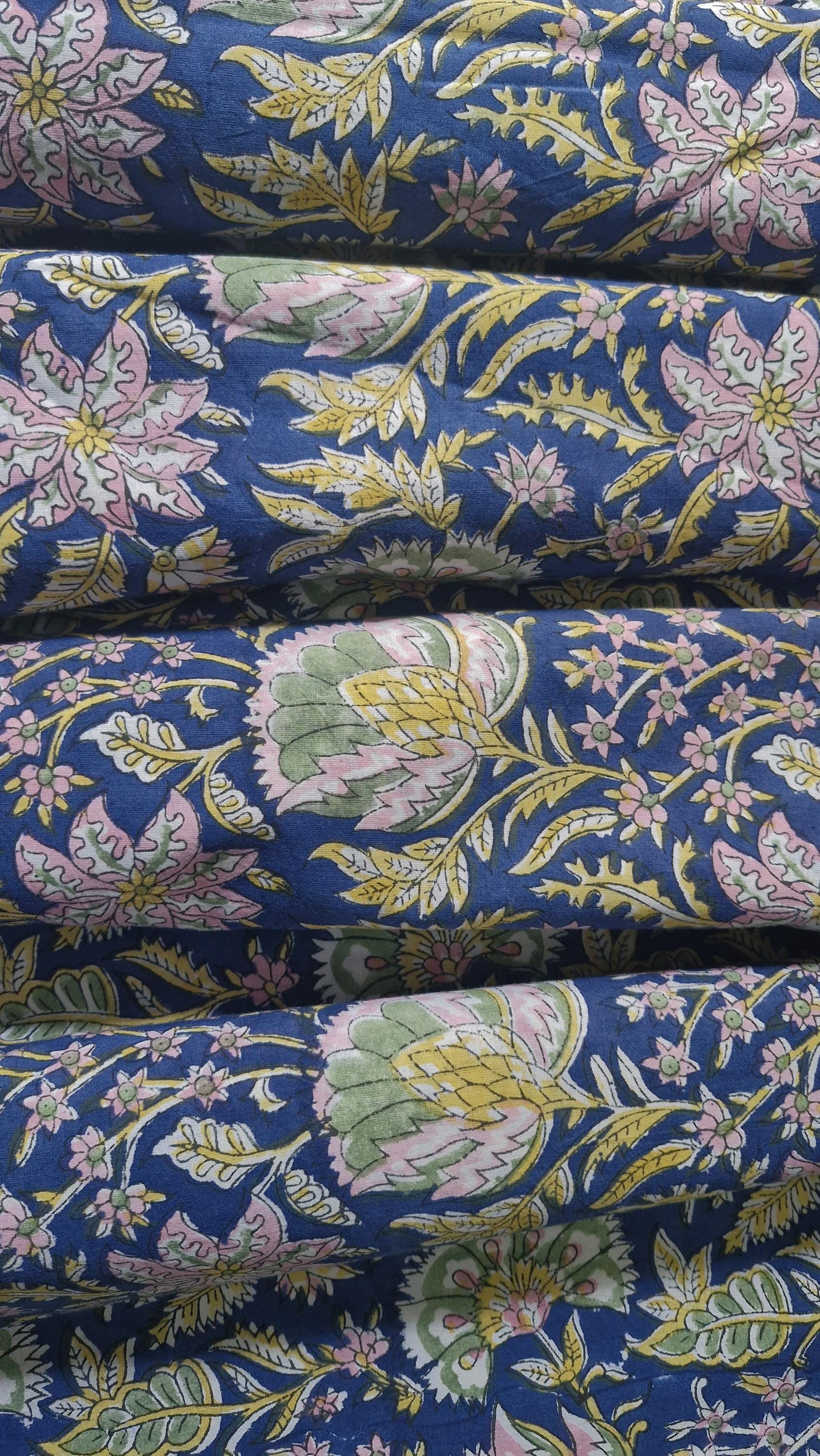 Indigo Blue Bagru Handblock Printed Cotton Fabric – Pastel Floral Jaal Design
