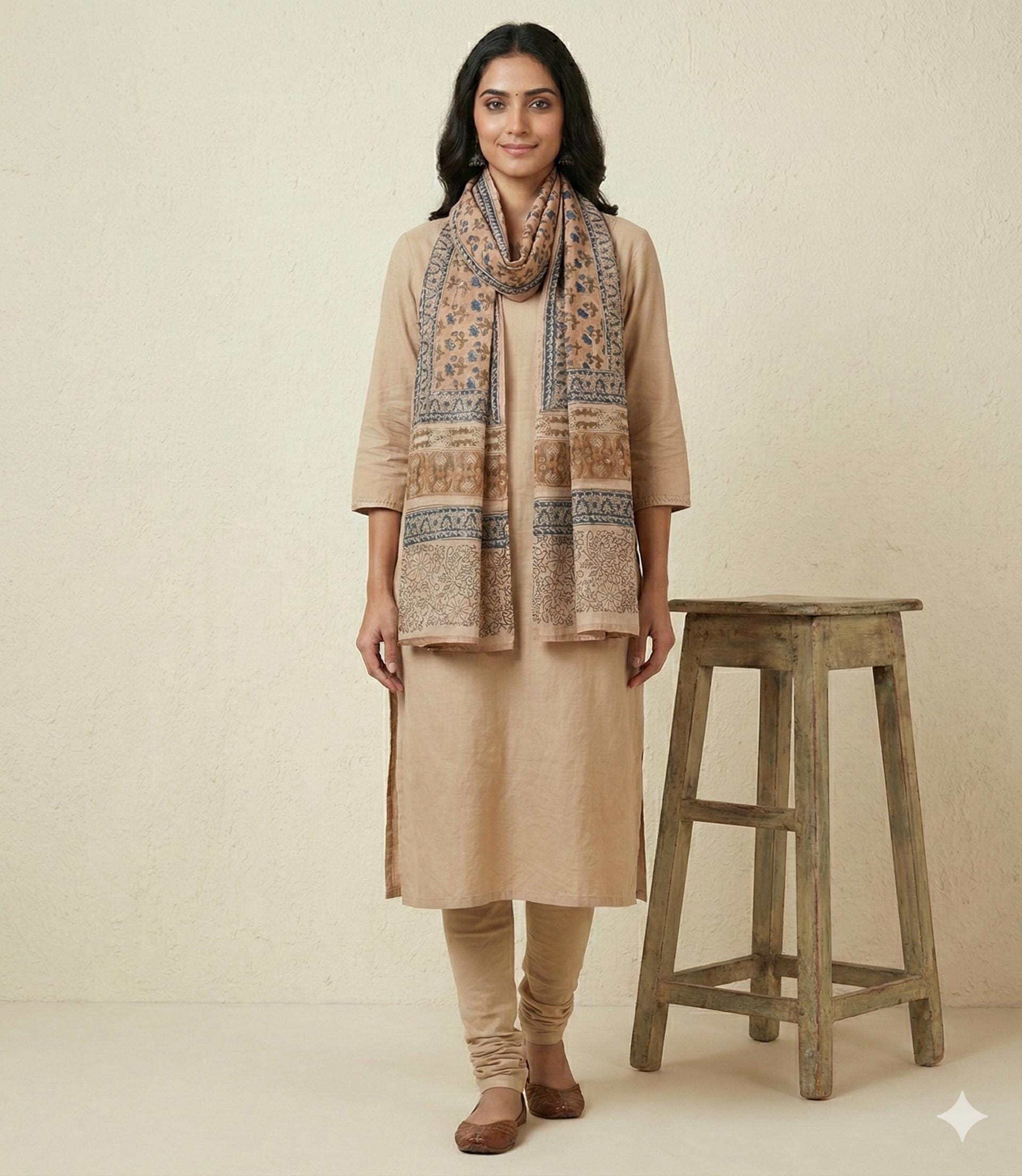 Rustic Earth Kalamkari Wrap - Wide Cotton Stole