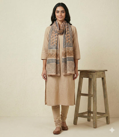 Rustic Earth Kalamkari Wrap - Wide Cotton Stole