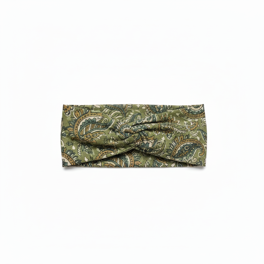 Handmade Cotton Twist Headband – Green Paisley Block Print flat lay on white background