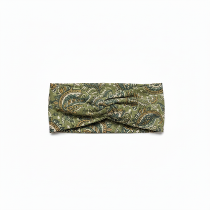 Handmade Cotton Twist Headband – Green Paisley Block Print flat lay on white background