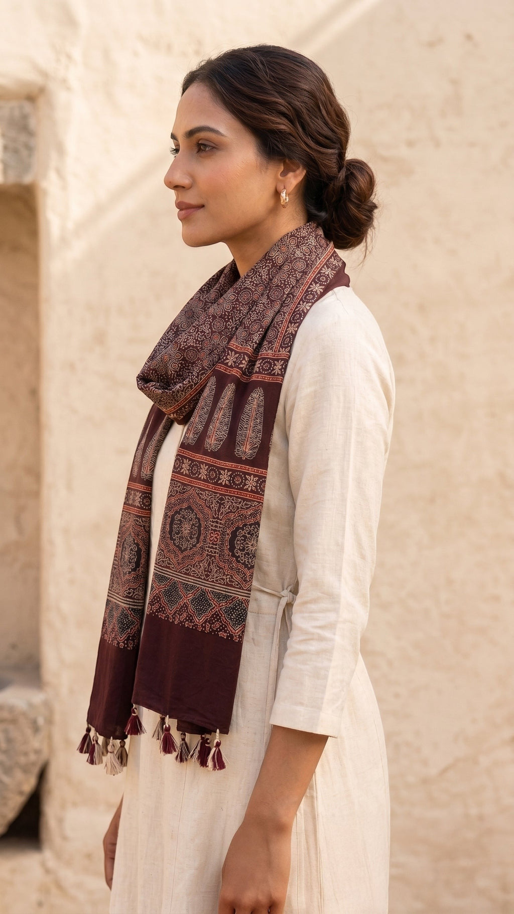 Maroon Ajrakh printed cotton stole ISAK16-07B — close-up of hand block print motifs and tassel ends — Indiascarves