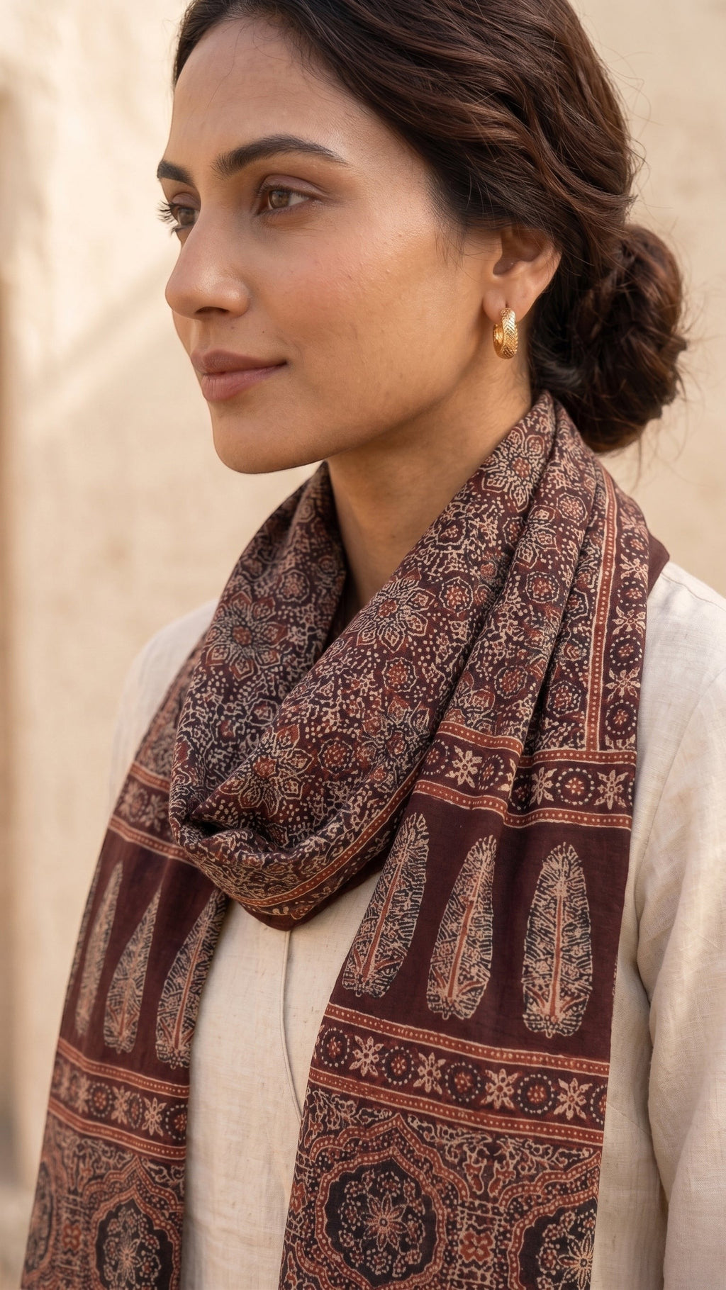 Maroon Ajrakh cotton stole ISAK16-07B worn by model — intricate Kutch hand block print ethnic scarf — Indiascarves