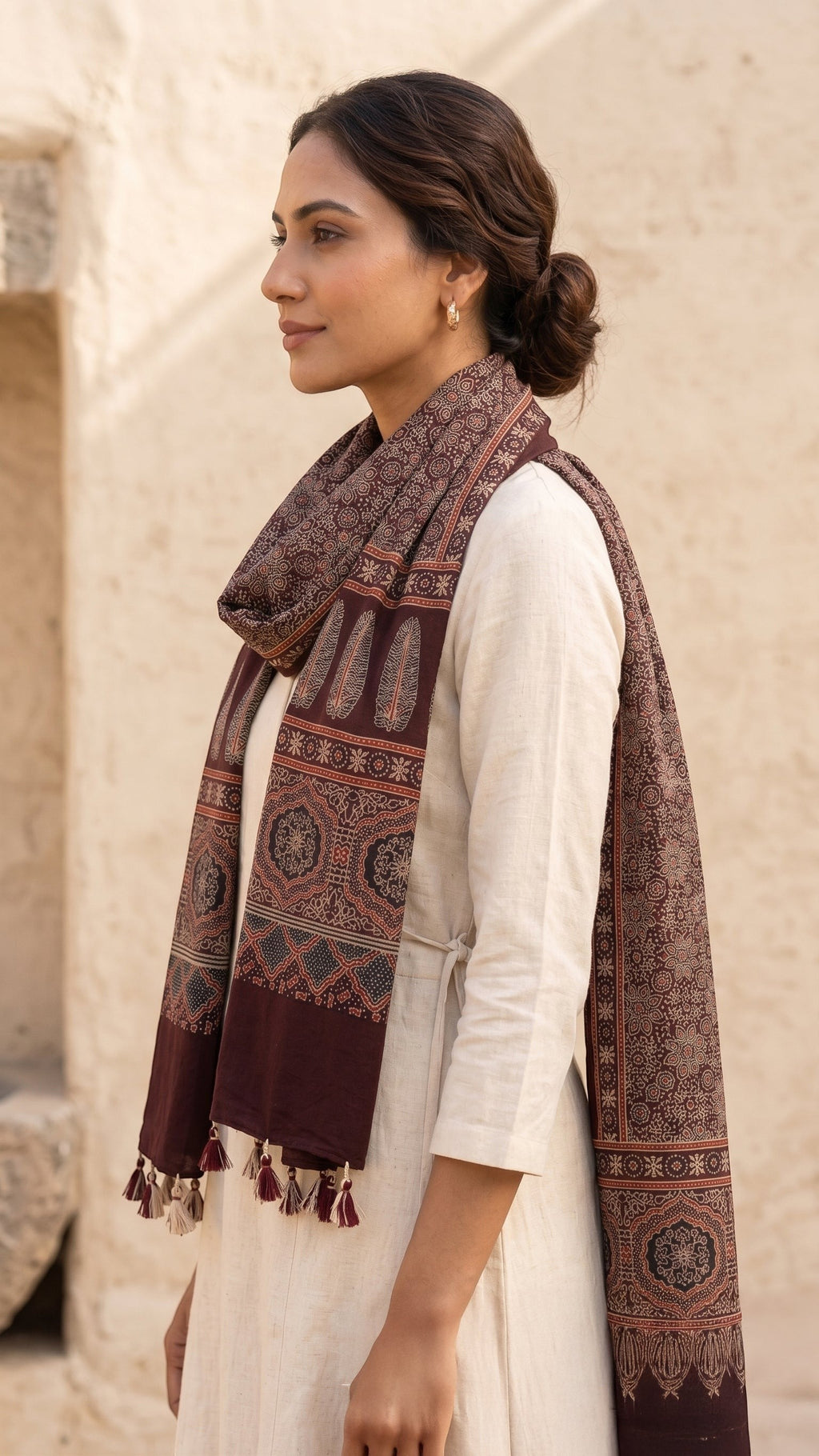 Maroon Ajrakh printed cotton stole ISAK16-07B — traditional Indian dupatta 55x210 cm with tassel fringe — Indiascarves
