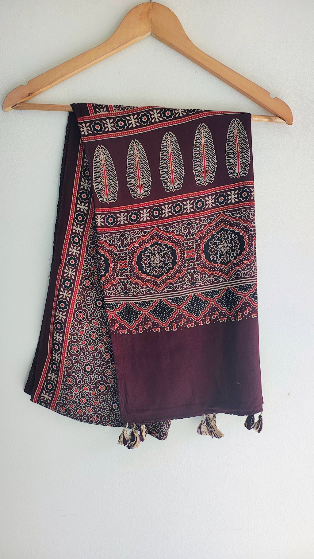 Maroon Ajrakh cotton stole ISAK16-07B draped — Kutch block print with geometric border patterns — Indiascarves