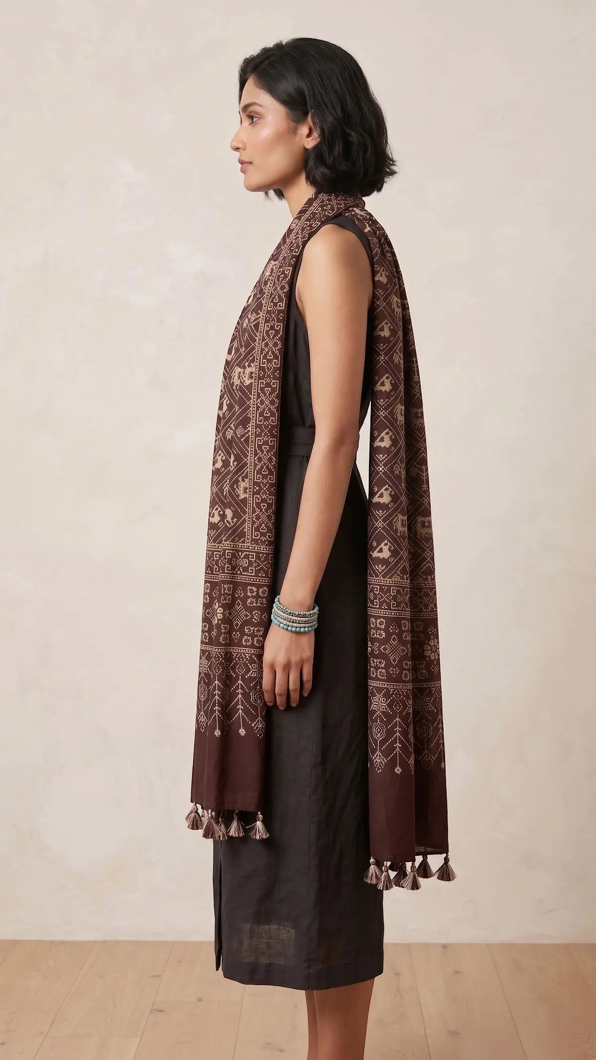 Brown Ajrakh cotton stole ISAK16-06A worn by model — traditional hand block print ethnic scarf — Indiascarves