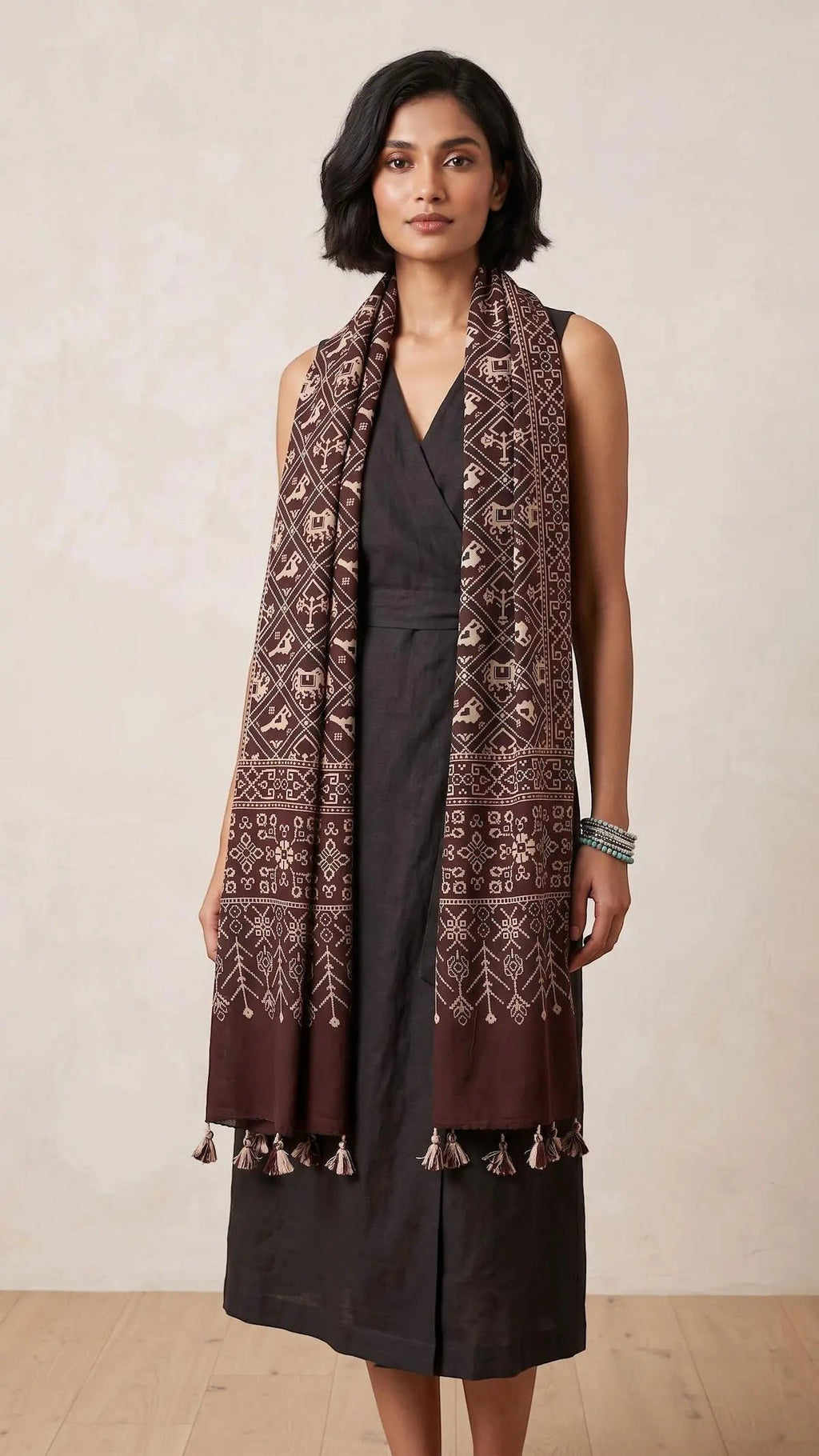 Brown Ajrakh printed cotton stole ISAK16-06A — chocolate brown base with cream geometric Kutch motifs and tassels — Indiascarves