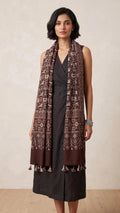 Brown Ajrakh printed cotton stole ISAK16-06A — chocolate brown base with cream geometric Kutch motifs and tassels — Indiascarves