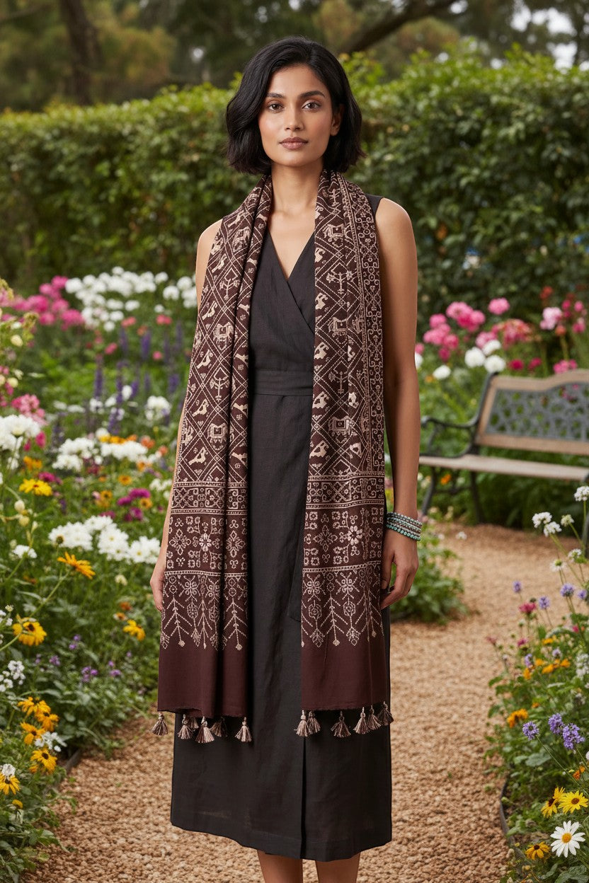 Brown Ajrakh cotton stole ISAK16-06A draped — 55x210 cm Indian dupatta with paisley motifs — Indiascarves