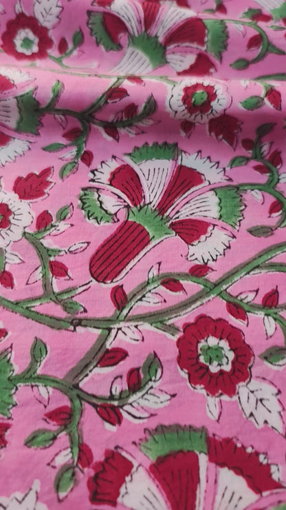 Sanganeri Hand Block Print Cotton Fabric – Pink Red And Green Floral