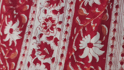 Sanganeri Hand Block Print Cotton Fabric – Red Floral Vine Stripe