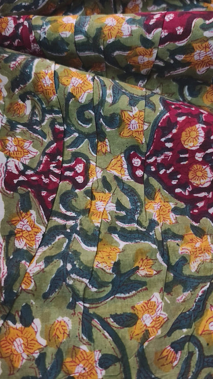 Sanganeri Hand Block Print Cotton Fabric – Green And Maroon Floral