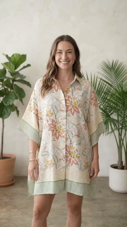 Hand Block Printed Pure Cotton Short Kaftan for Women, Free Size Relaxed Fit Maxi, Lounge, Nightwear, Beach Cover-Up, Handmade Ethnic Boho Kaftan